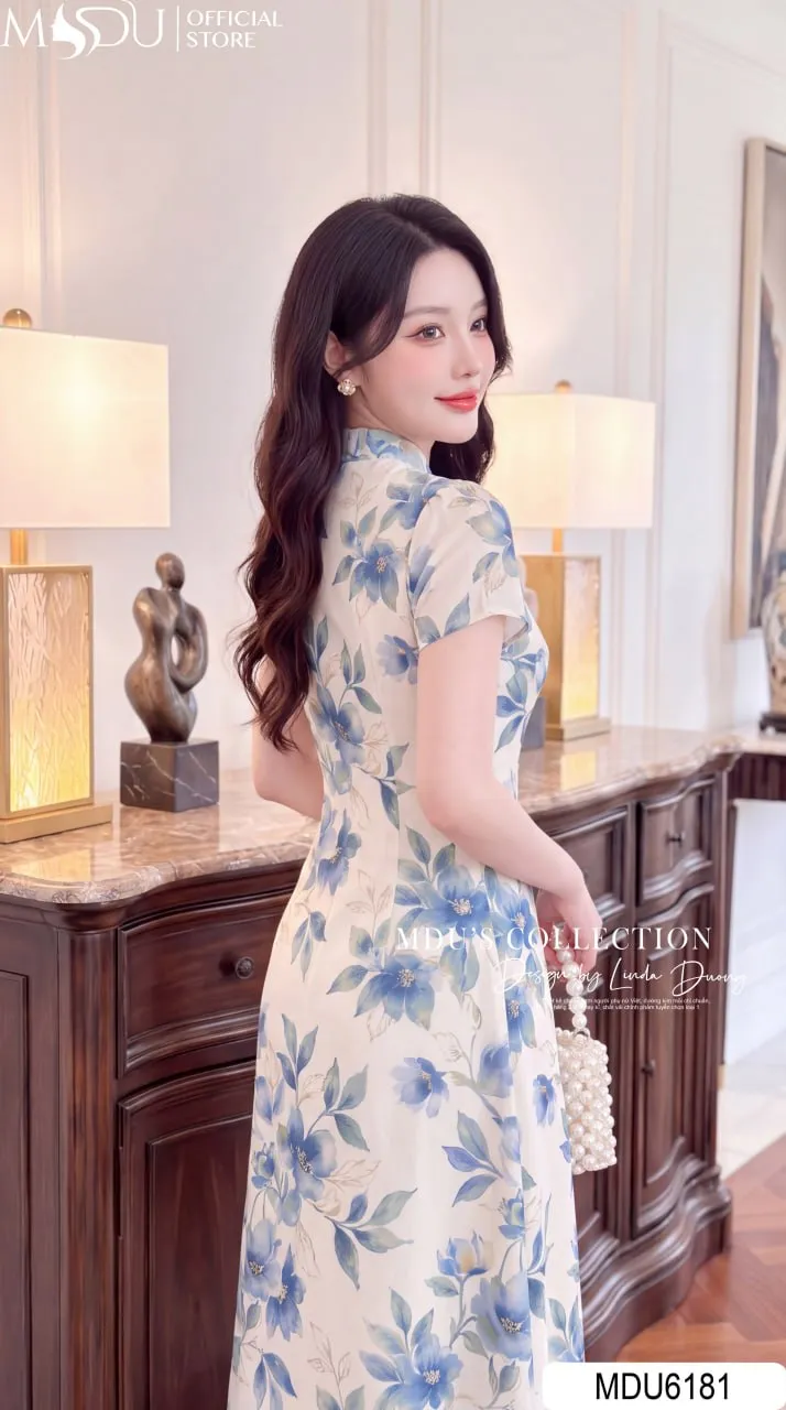 Váy Thiết Kế MDU6181 Mango Ý Trắng Họa Tiết Xanh Dáng Xòe Cổ V Tay Cách Điệu Thanh Lịch 3 Váy Thiết Kế MDU6181 Mango Ý Trắng Họa Tiết Xanh Dáng Xòe Cổ V Tay Cách Điệu Thanh Lịch - Ảnh 2