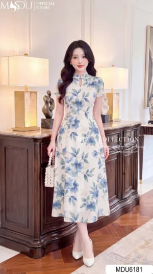 Váy Thiết Kế MDU6181 Mango Ý Trắng Họa Tiết Xanh Dáng Xòe Cổ V Tay Cách Điệu Thanh Lịch