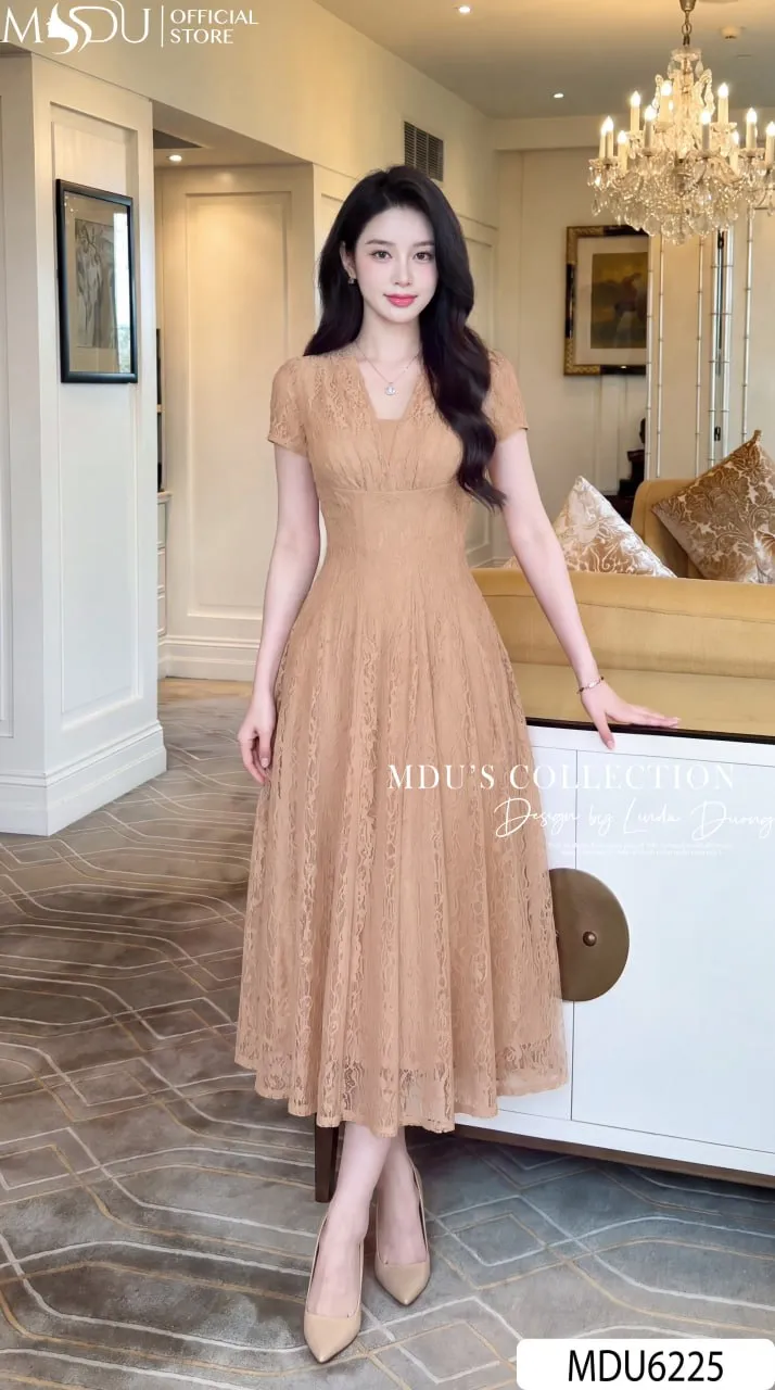 Váy Thiết Kế MDU6225 Ren Nổi Nude Dáng Dài Tùng Xòe Phối Lưới Ngực Tay Bồng Sang Trọng