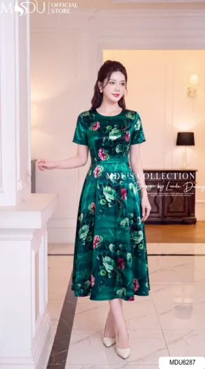 Váy Thiết Kế MDU6287 Lụa Twist Satin Xanh Họa Tiết Dáng Xòe Tay Bồng Chiết Ly Eo Tôn Dáng