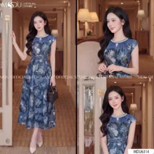 Alternative view of Váy Thiết Kế MDU6314 Tơ Óng Hàn Xanh Coban Họa Tiết Hoa Chiết Ly Eo Cổ Dây Ngọc Sang Trọng