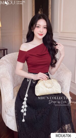Alternative view of SET THIẾT KẾ MDU6706 – XLEO HÀN ĐỎ RƯỢU VANG PHỐI REN ĐEN QUÝ PHÁI