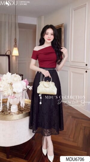 SET THIẾT KẾ MDU6706 – XLEO HÀN ĐỎ RƯỢU VANG PHỐI REN ĐEN QUÝ PHÁI