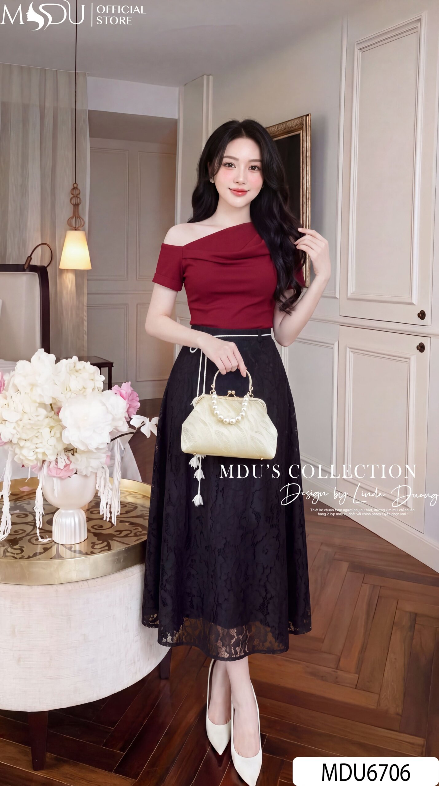 SET THIẾT KẾ MDU6706 – XLEO HÀN ĐỎ RƯỢU VANG PHỐI REN ĐEN QUÝ PHÁI