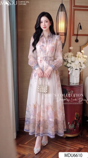 Váy Thiết Kế MDU6610 – Tơ Hàn Nền Kem Hoa Pastel, Cổ Sơ Mi Phối Đai Eo Thanh Lịch