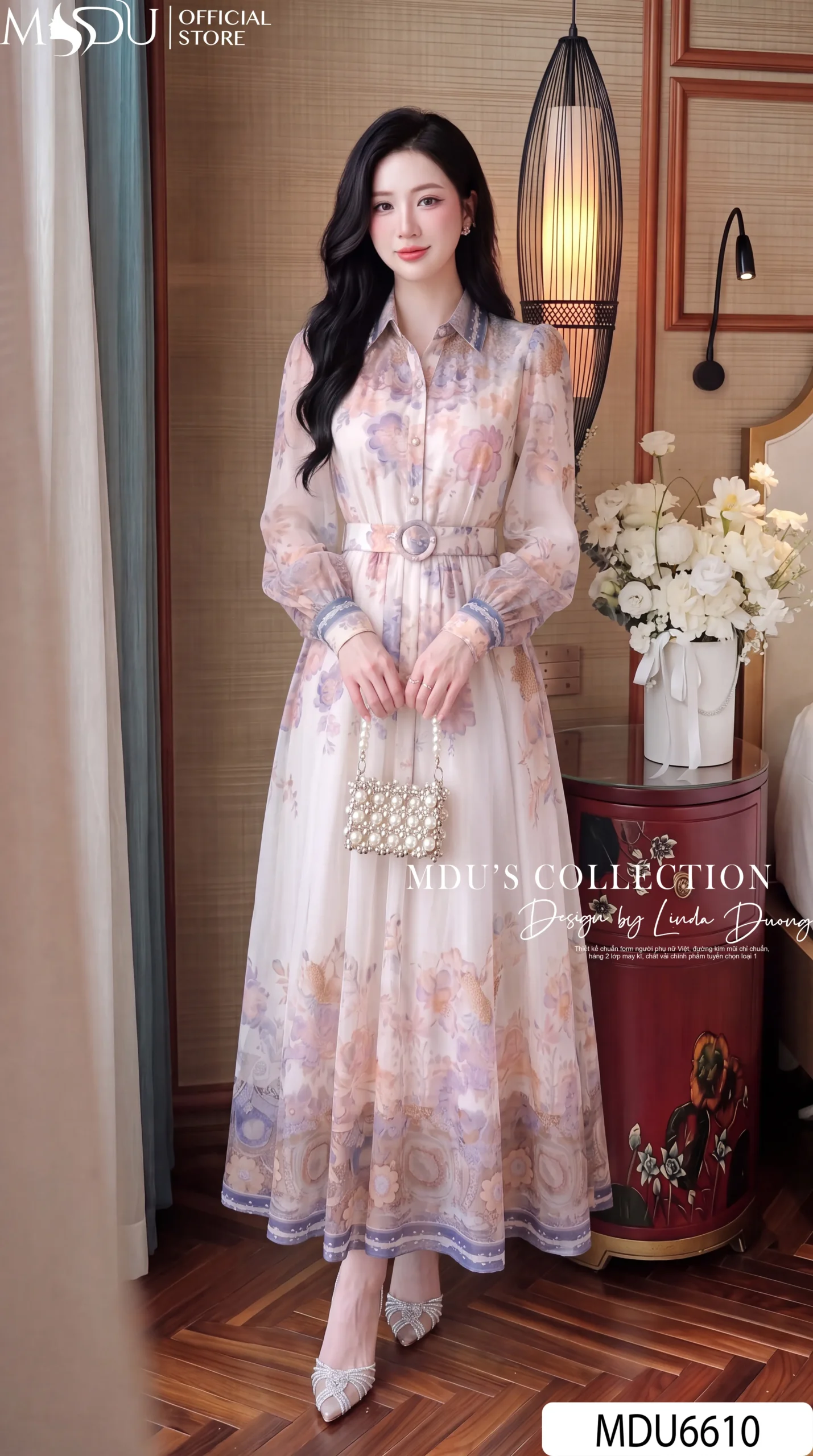 Váy Thiết Kế MDU6610 – Tơ Hàn Nền Kem Hoa Pastel, Cổ Sơ Mi Phối Đai Eo Thanh Lịch