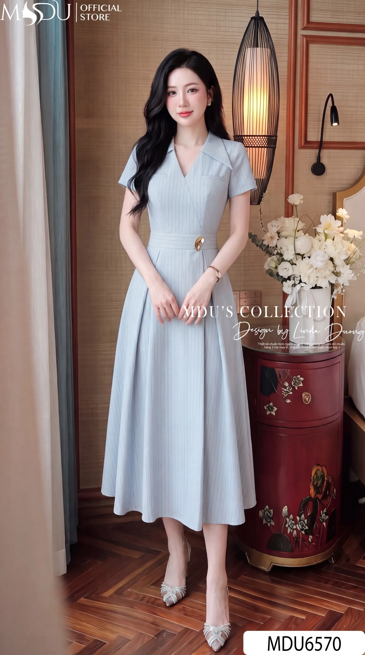 Váy Thiết Kế MDU6570 – Tuytsi Kẻ Xanh Pastel Blue, Tag Cài Rời Thanh Lịch