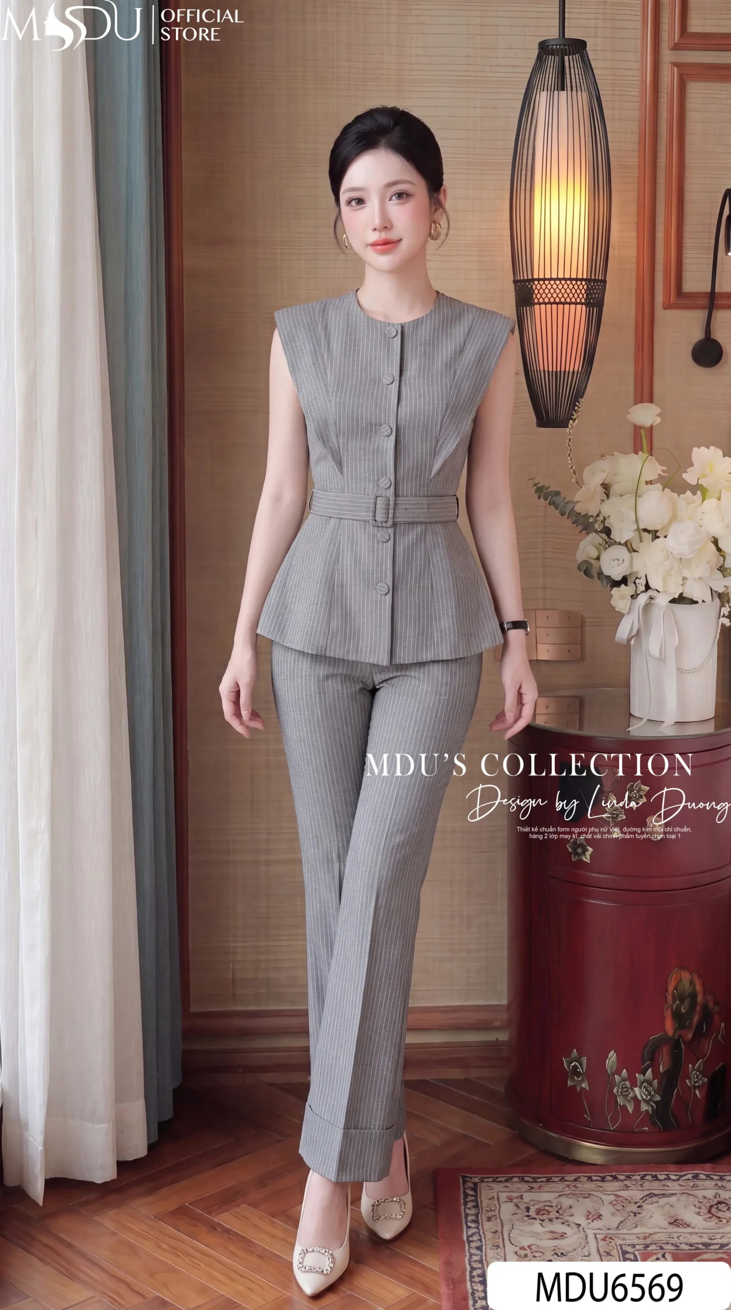 Set Thiết Kế MDU6569 – Tuytsi Kẻ Ghi Xám, Đai Rời Thanh Lịch Và Hiện Đại