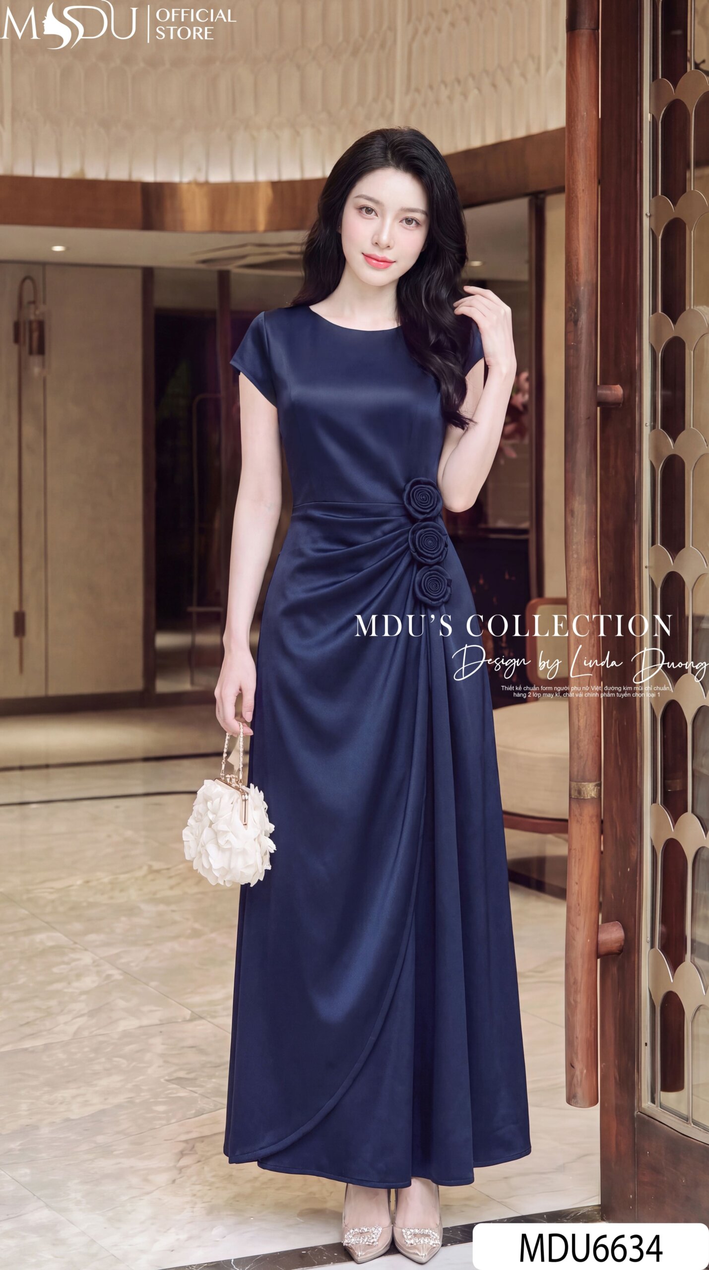 VÁY THIẾT KẾ MDU6634 – LỤA TWIST SATIN XANH NAVY, HOA THỦ CÔNG ĐÍNH EO SANG TRỌNG