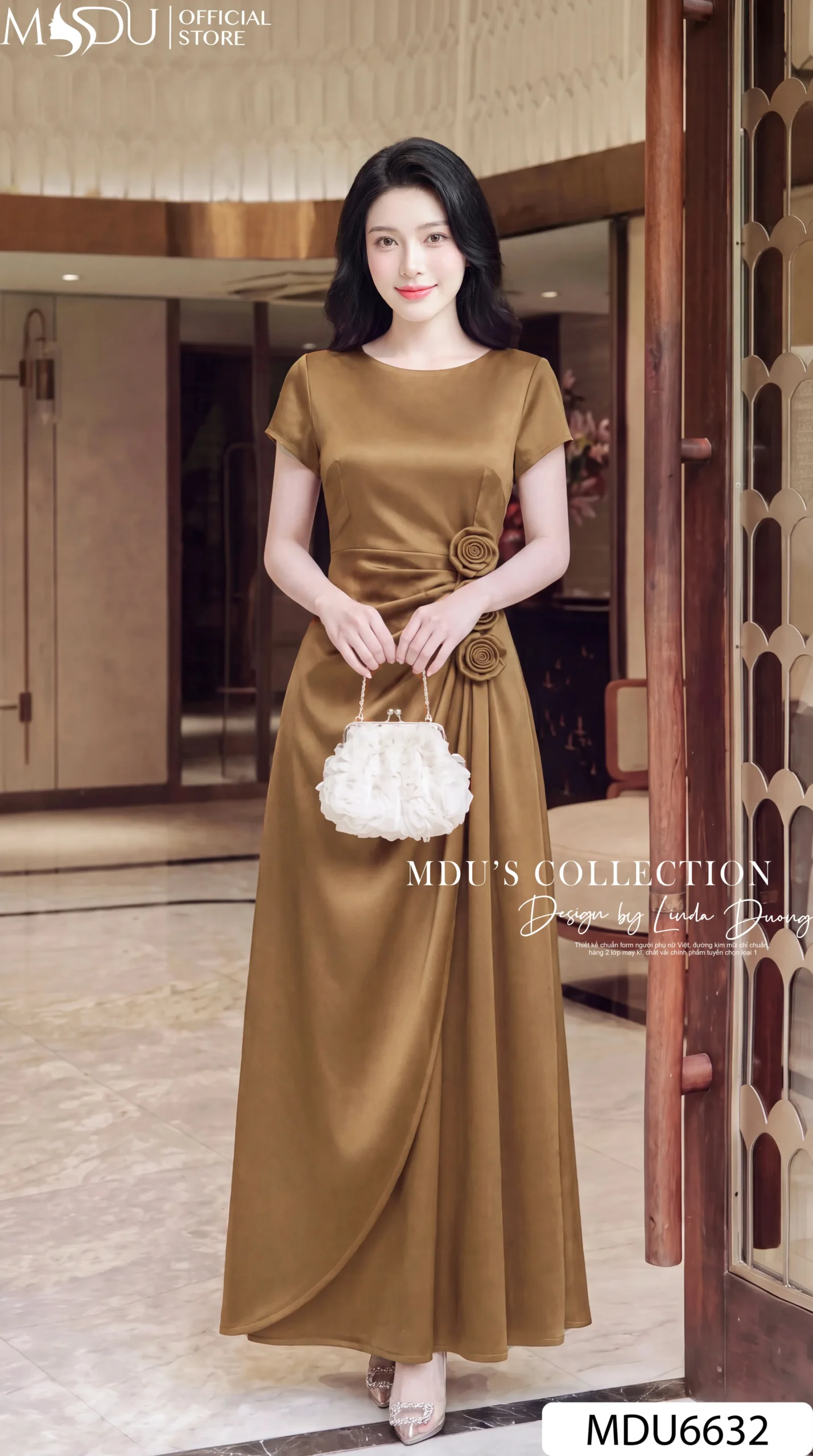 Váy Thiết Kế MDU6632 – Twist Satin Nâu, Hoa Thủ Công Đính Eo Sang Trọng