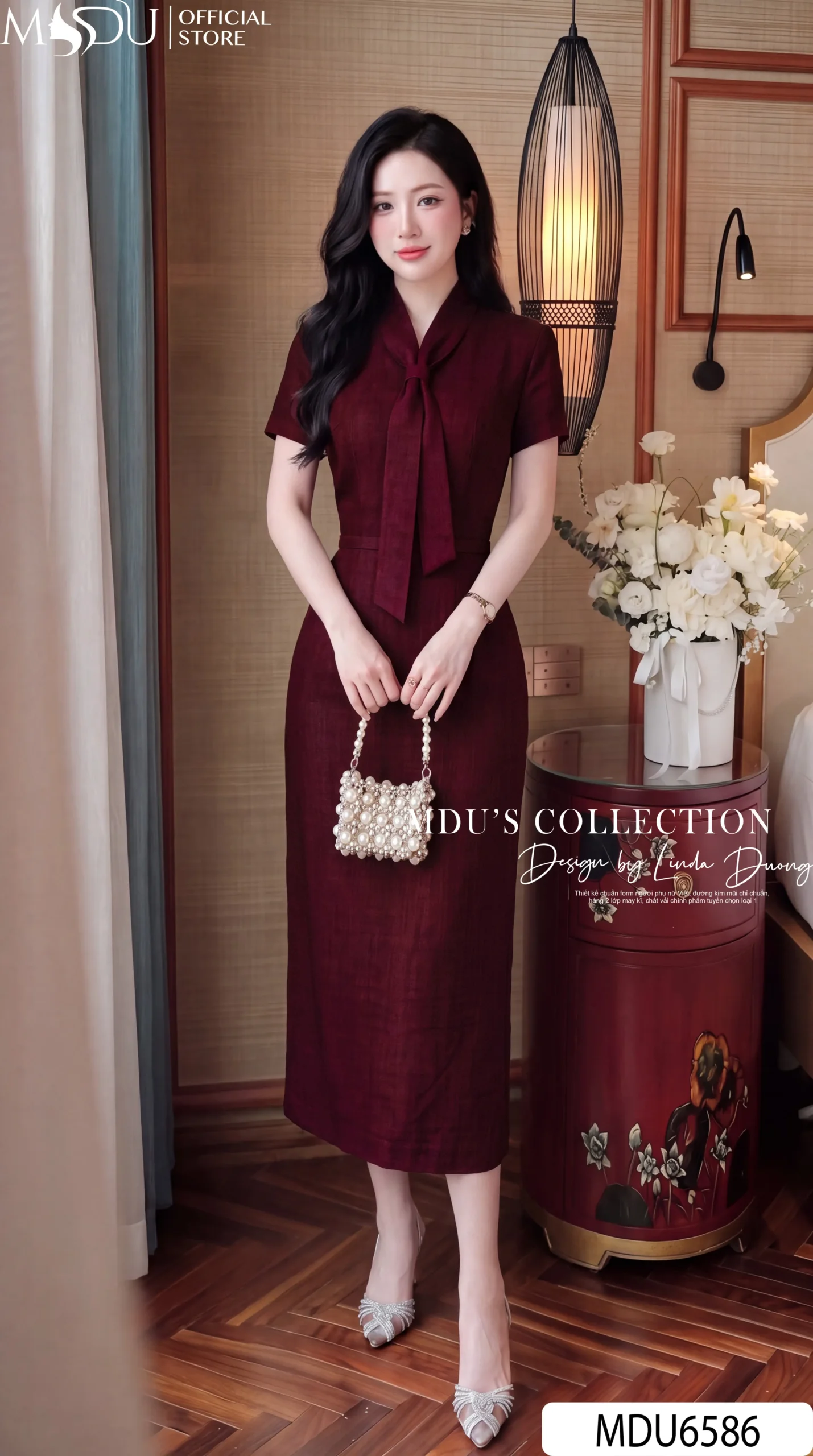 Váy Thiết Kế MDU6586 – Xước Thái Đỏ Burgundy, Dáng Bút Chì Cổ Nơ Thanh Lịch