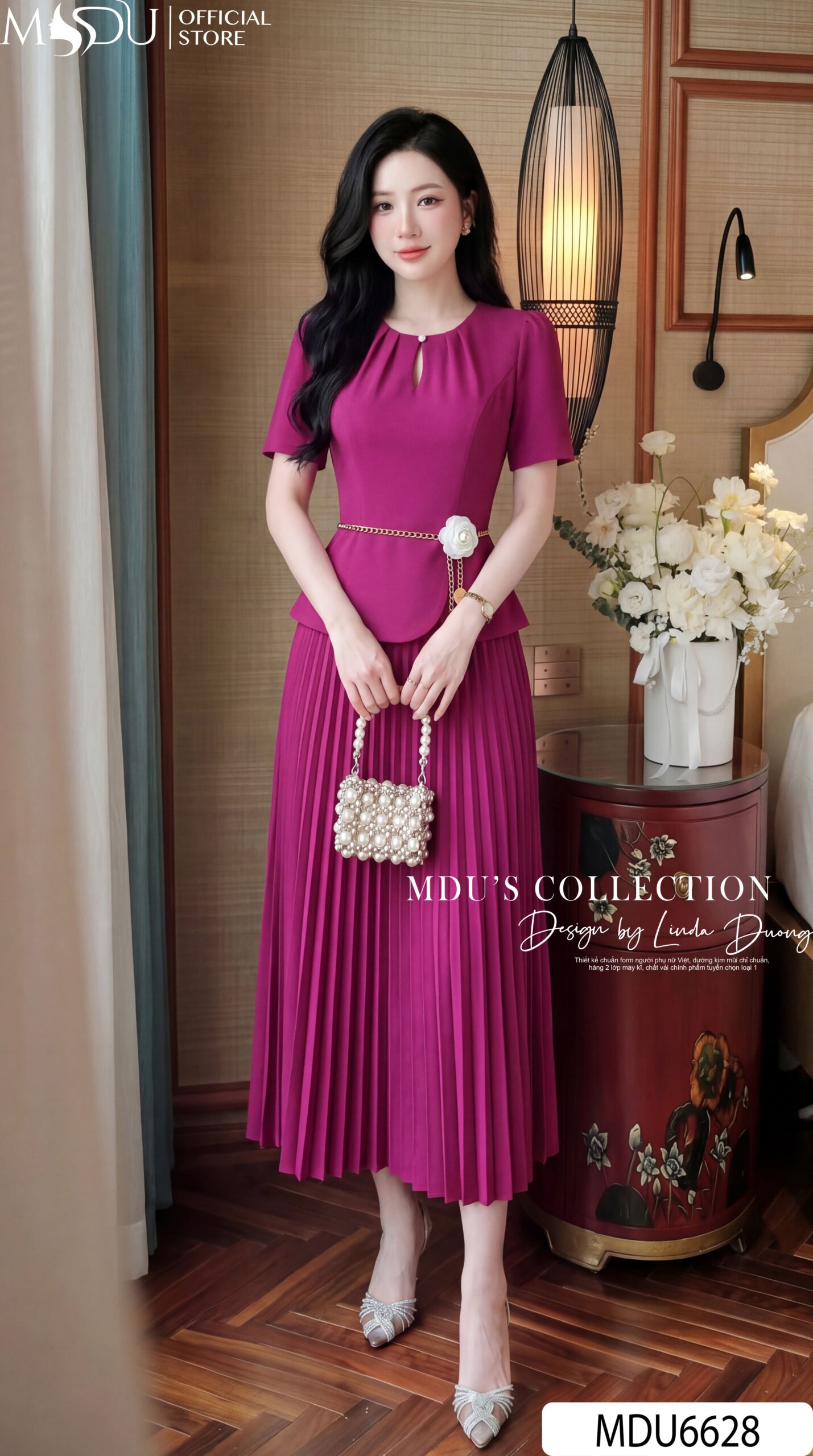 VÁY THIẾT KẾ MDU6628 – GOLD HÀN HỒNG TÍM, PEPLUM CHIẾT EO TÔN DÁNG
