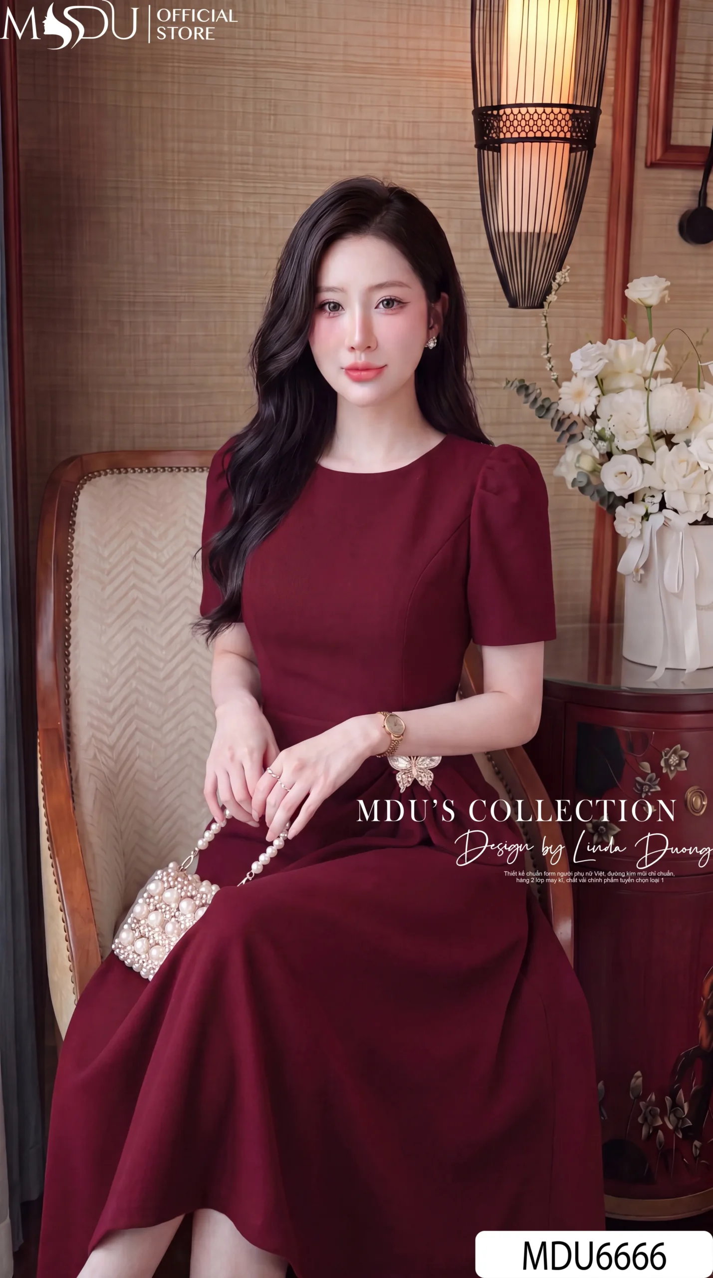 Váy Thiết Kế MDU6666 – Gold Nhật Đỏ Đô, Dáng Suông Chiết Ly Eo Thanh Lịch - Ảnh 3