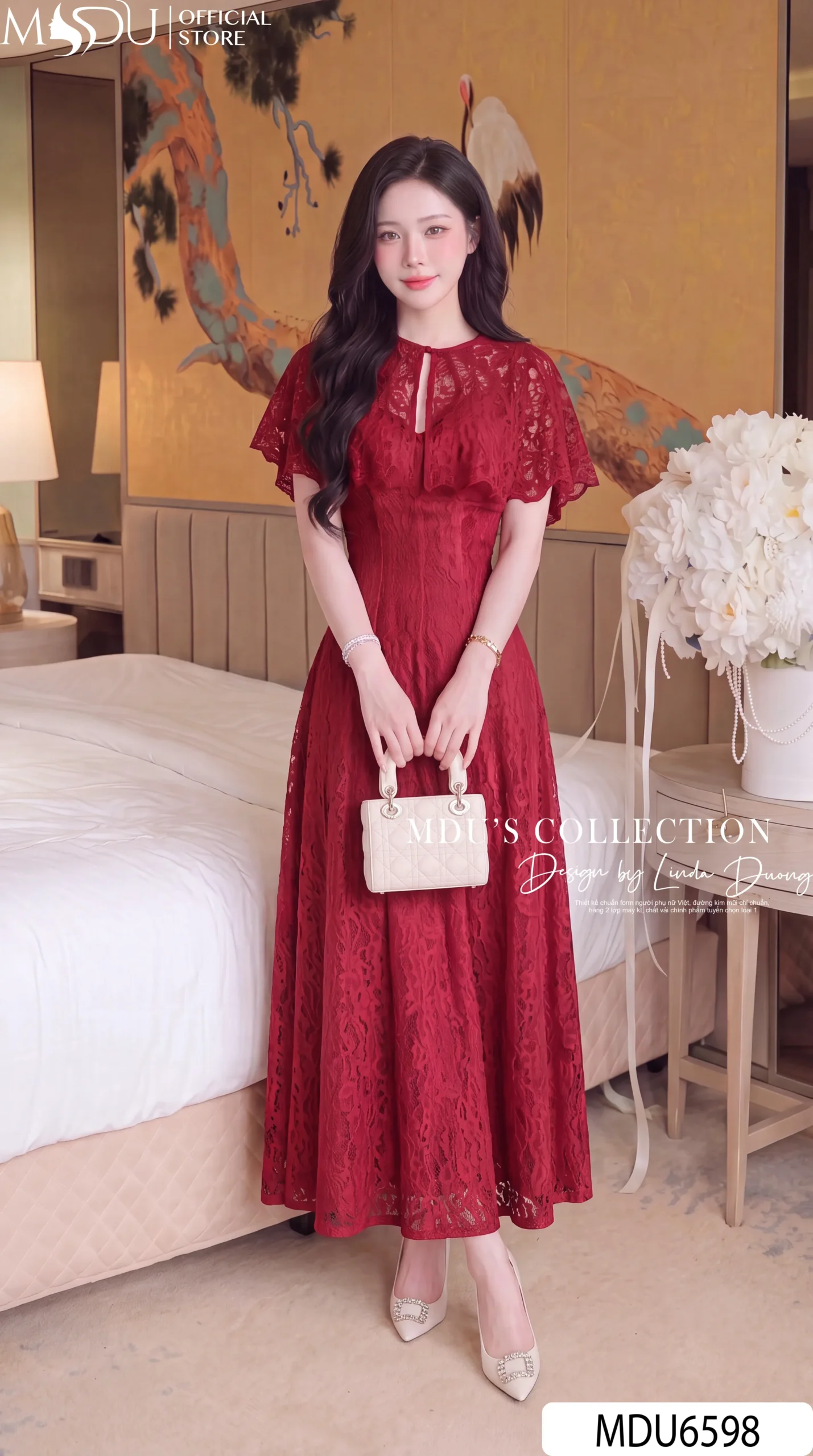 Váy Thiết Kế MDU6598 – Ren Hoa Nổi Đỏ Đô, Choàng Vai Cánh Tiên Rời Sang Trọng