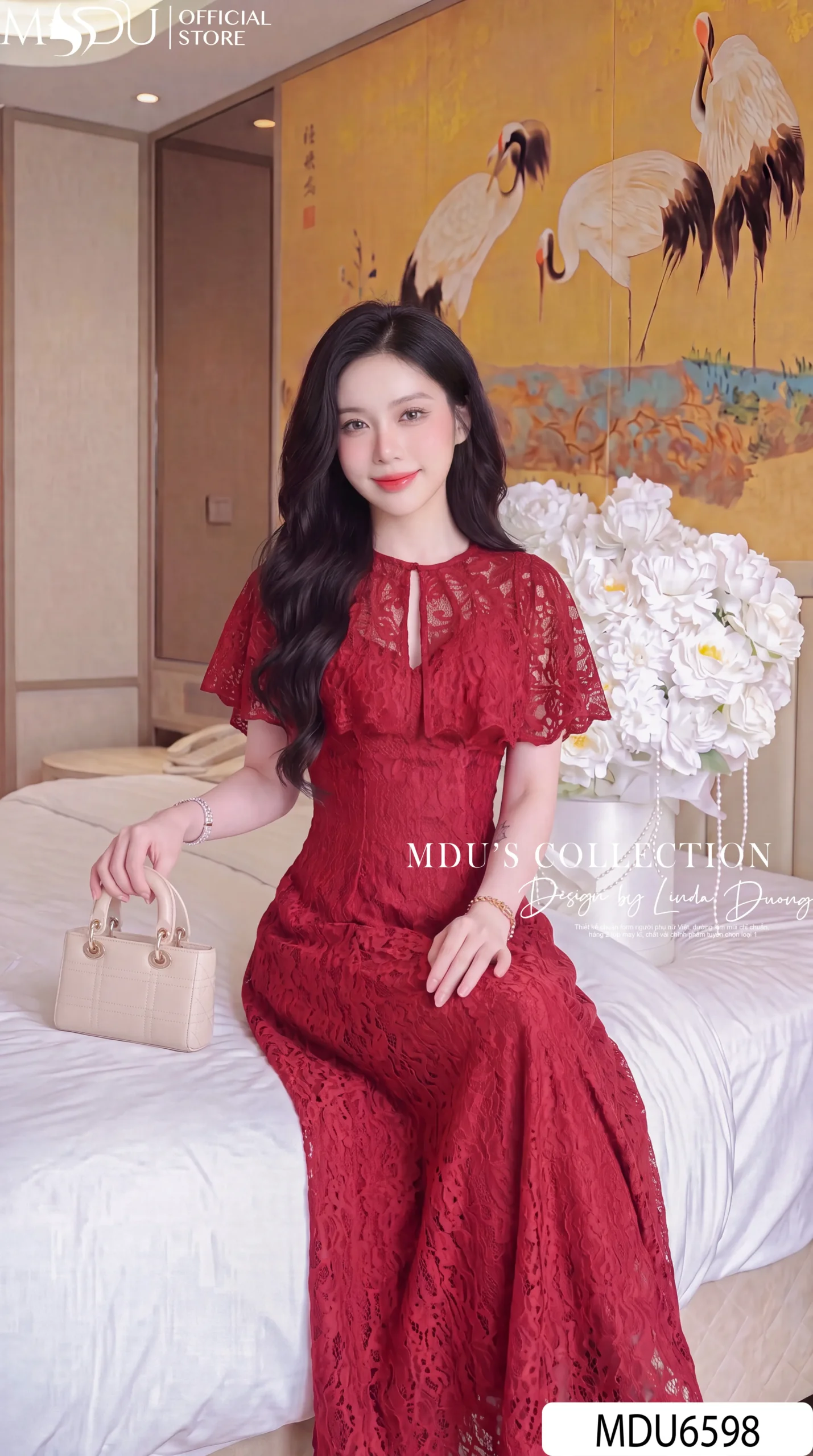 Váy Thiết Kế MDU6598 – Ren Hoa Nổi Đỏ Đô, Choàng Vai Cánh Tiên Rời Sang Trọng - Ảnh 6