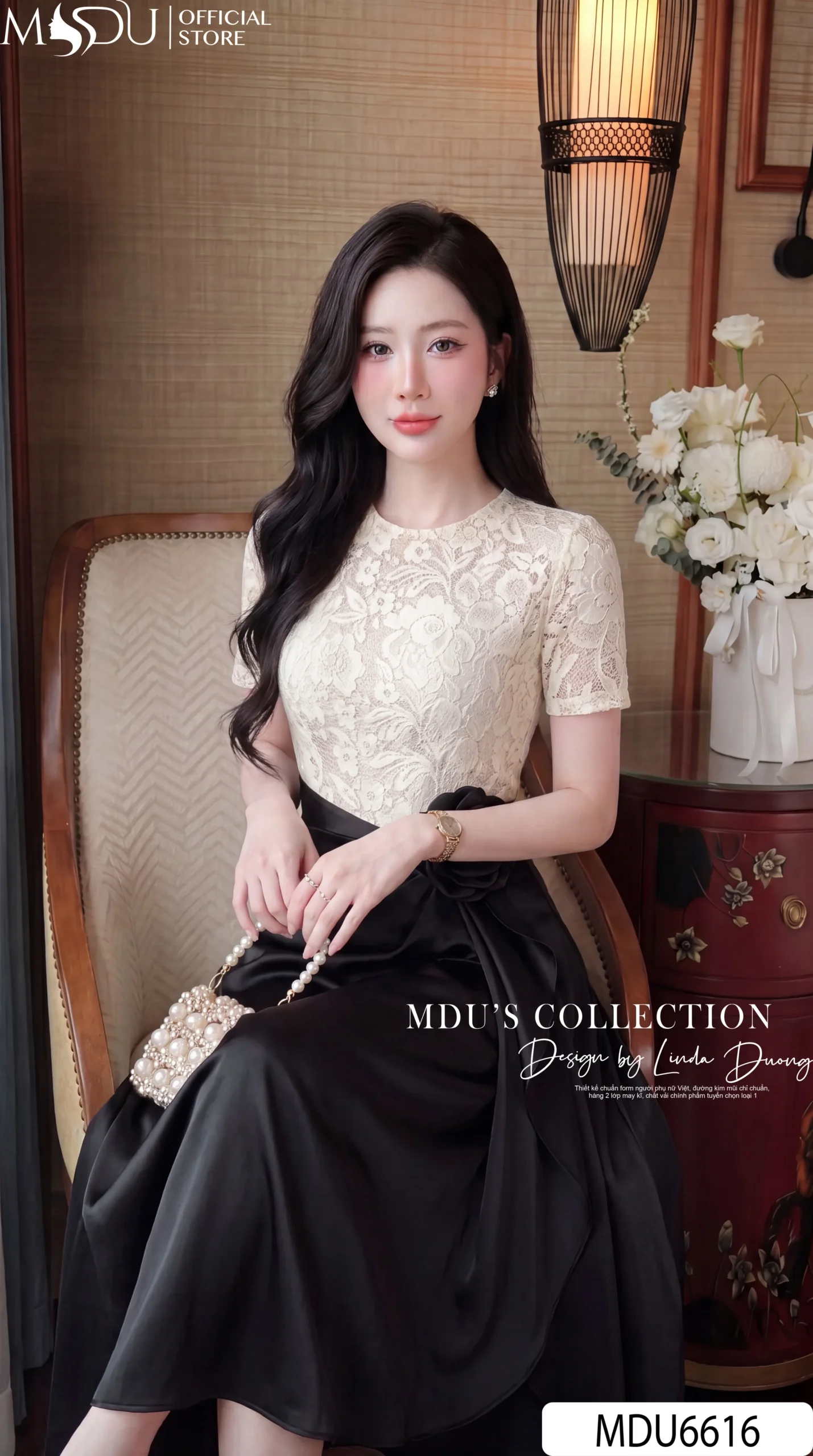 Váy Thiết Kế MDU6616 – Ren Họa Tiết Nổi Phối Twist Satin, Hoa Cuốn Thủ Công Đính Eo - Ảnh 4