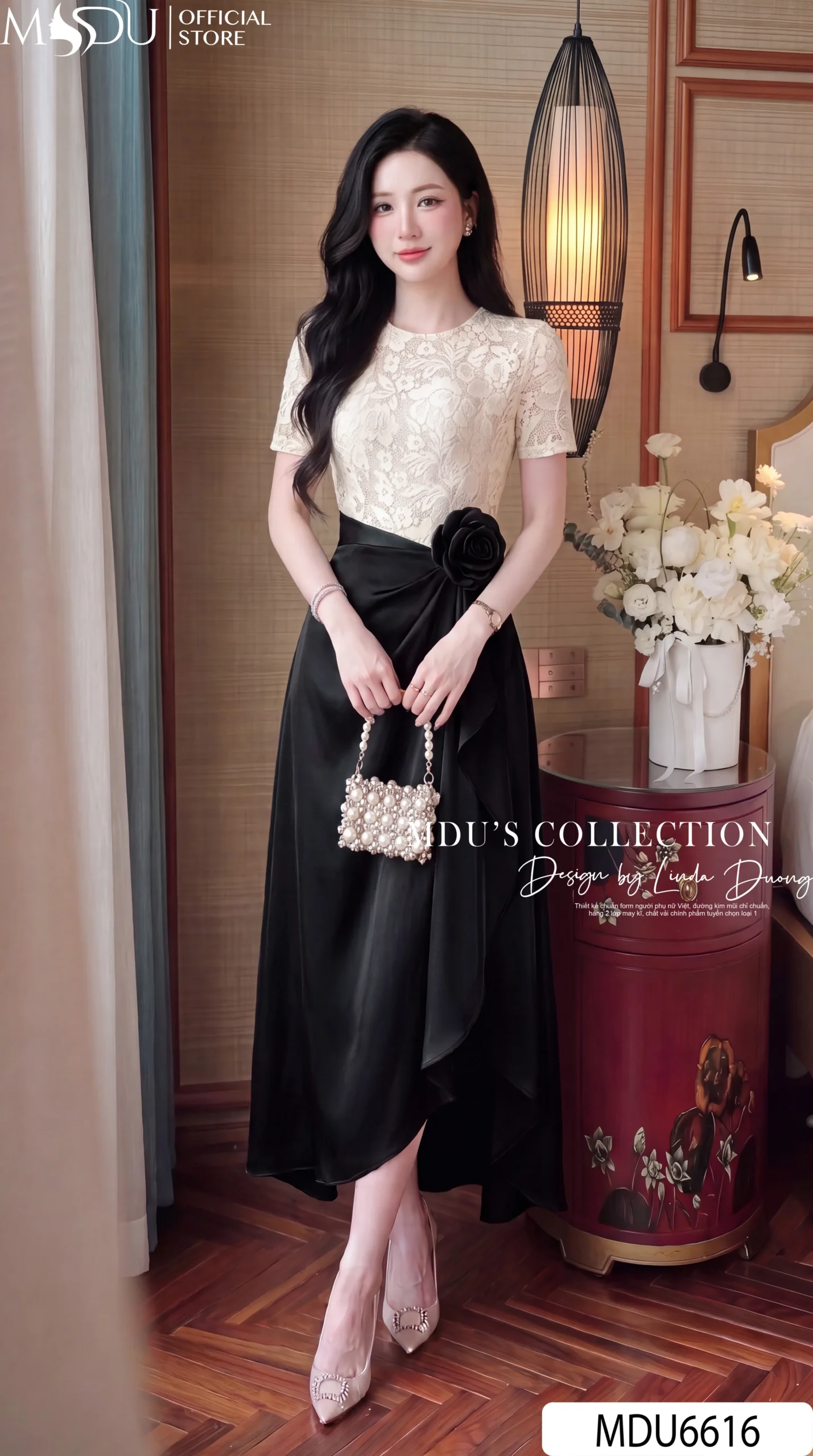Váy Thiết Kế MDU6616 – Ren Họa Tiết Nổi Phối Twist Satin, Hoa Cuốn Thủ Công Đính Eo