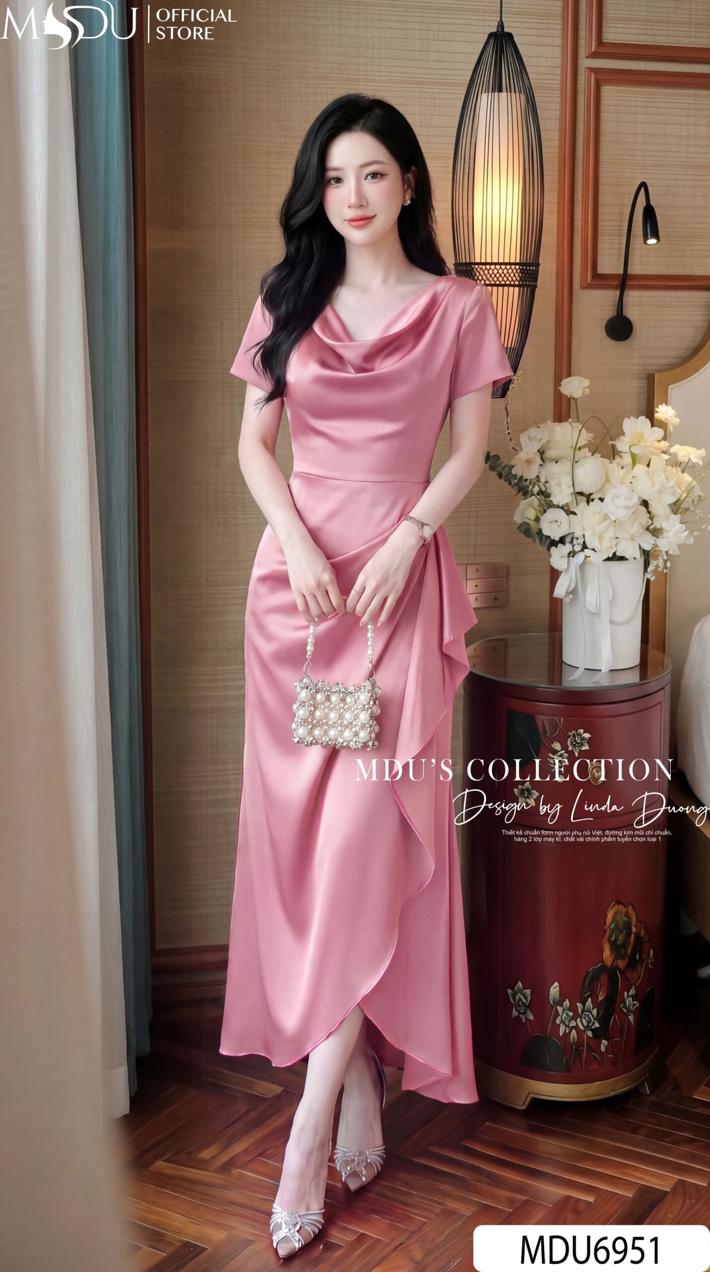 VÁY THIẾT KẾ MDU6951 – LỤA TWIST SATIN HỒNG PHẤN, XẾP LY TÔN DÁNG NỮ TÍNH