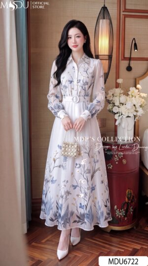 VÁY THIẾT KẾ MDU6722 – TƠ ÓNG HÀN HOA XANH GHI NHẸ NHÀNG