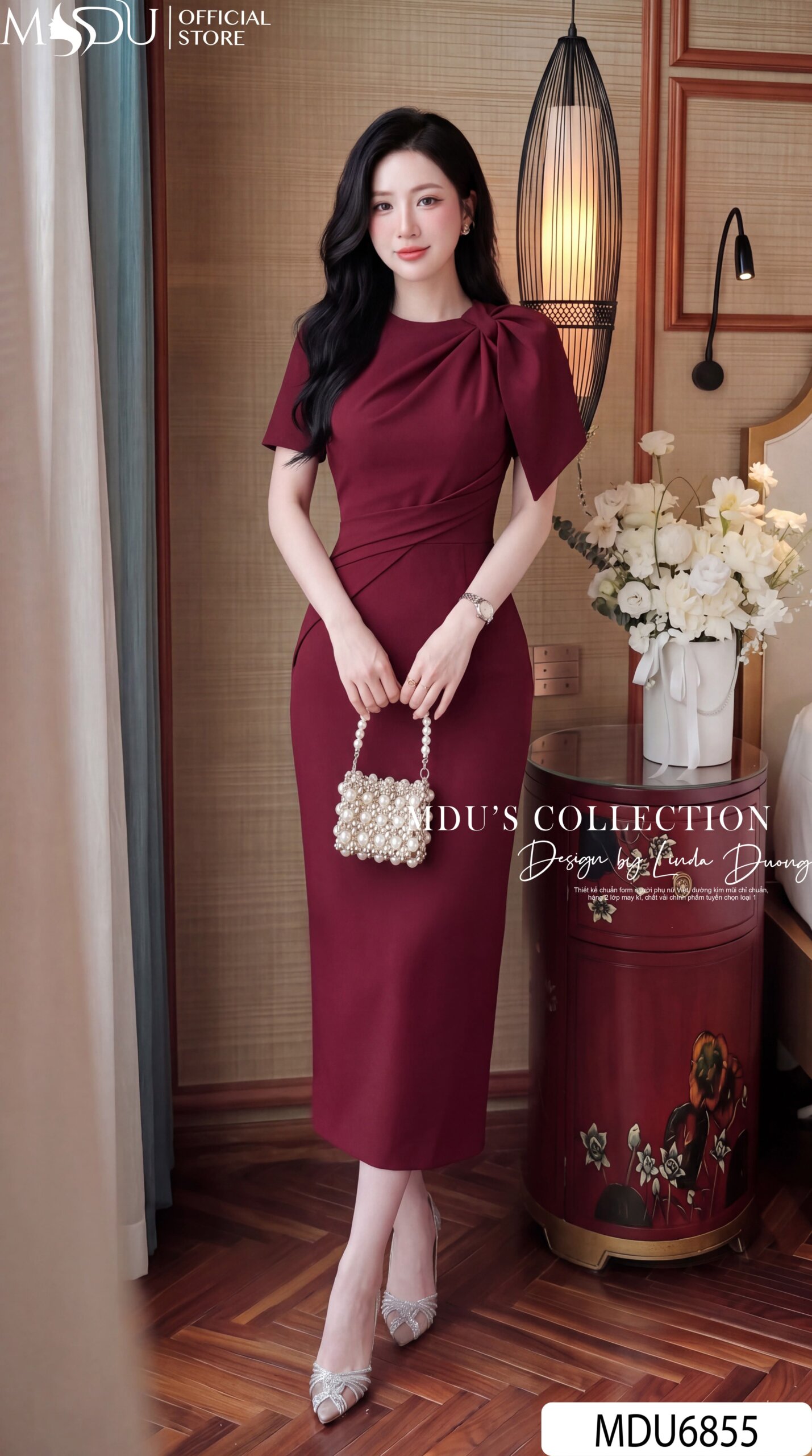 VÁY THIẾT KẾ MDU6855 – CHÉO NHẬT ĐỎ MẬN, CHIẾT EO TÔN DÁNG THANH LỊCH