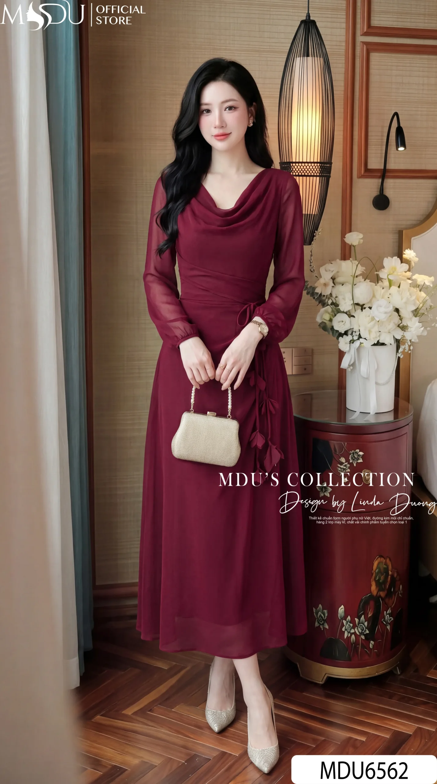 Váy Thiết Kế MDU6562 – Tơ Óng Hàn Đỏ Burgundy, Cổ Đổ Phối Dây Hoa Thủ Công Sang Trọng