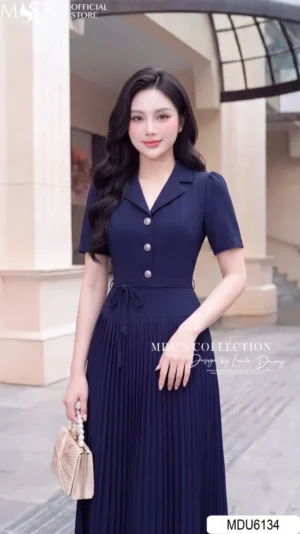 Alternative view of Váy Thiết Kế MDU6134 Gold Nhật Xanh Than, Cổ Vest Phối Tùng Dập Ly Thanh Lịch