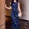 Váy Thiết Kế MDU6120 Lụa Satin Cao Cấp Xanh Sapphire, Kiêu Sa Và Quý Phái Trong Từng Đường Nét 1 Váy Thiết Kế MDU6120
