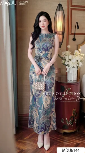 Váy Thiết Kế MDU6144 Lụa Satin Dáng Đuôi Cá Sang Trọng Phối Hoa Tone Xanh