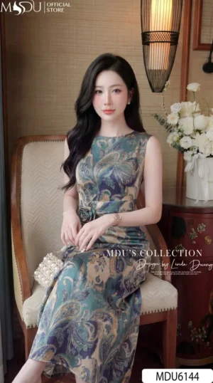 Alternative view of Váy Thiết Kế MDU6144 Lụa Satin Dáng Đuôi Cá Sang Trọng Phối Hoa Tone Xanh