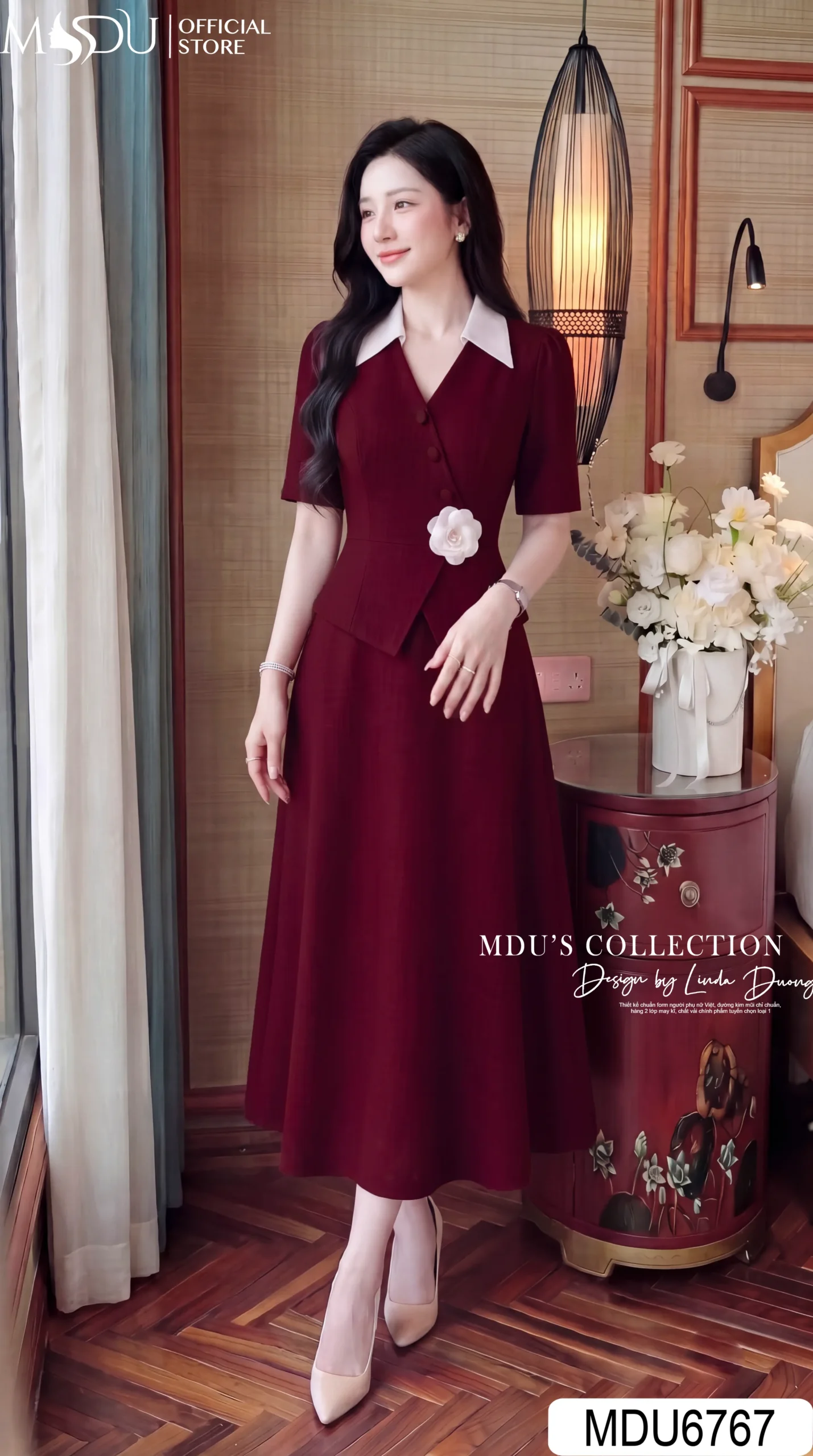 Váy Thiết Kế MDU6767 – Xước Thái Đỏ Rượu Vang, Cổ Sơ Mi Trắng Phối Hoa Cài Eo 29 Váy Thiết Kế MDU6767 – Xước Thái Đỏ Rượu Vang, Cổ Sơ Mi Trắng Phối Hoa Cài Eo