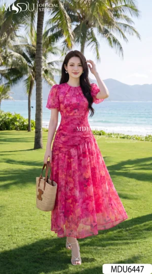 Váy Thiết Kế MDU6447 – Tơ Hàn Hoa Hồng Rực Rỡ, Dáng Xòe Dập Ly Eo Nữ Tính