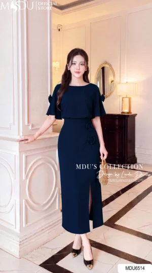 Set Thiết Kế MDU6514 – Lụa Ngọc Trai Xanh Navy, Phối Hoa 3D Cuốn Thủ Công