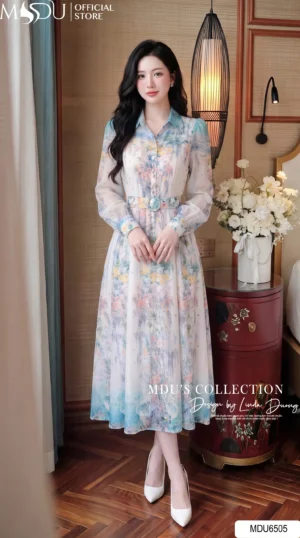 Váy Thiết Kế MDU6505 – Tơ Óng Hàn Hoa Loang Xanh Pastel Blue, Đai Liền Tôn Eo