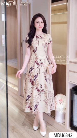 Váy Thiết Kế MDU6342 Mango Ý Dáng Xòe Thanh Lịch Họa Tiết Chim Hoa Tinh Tế