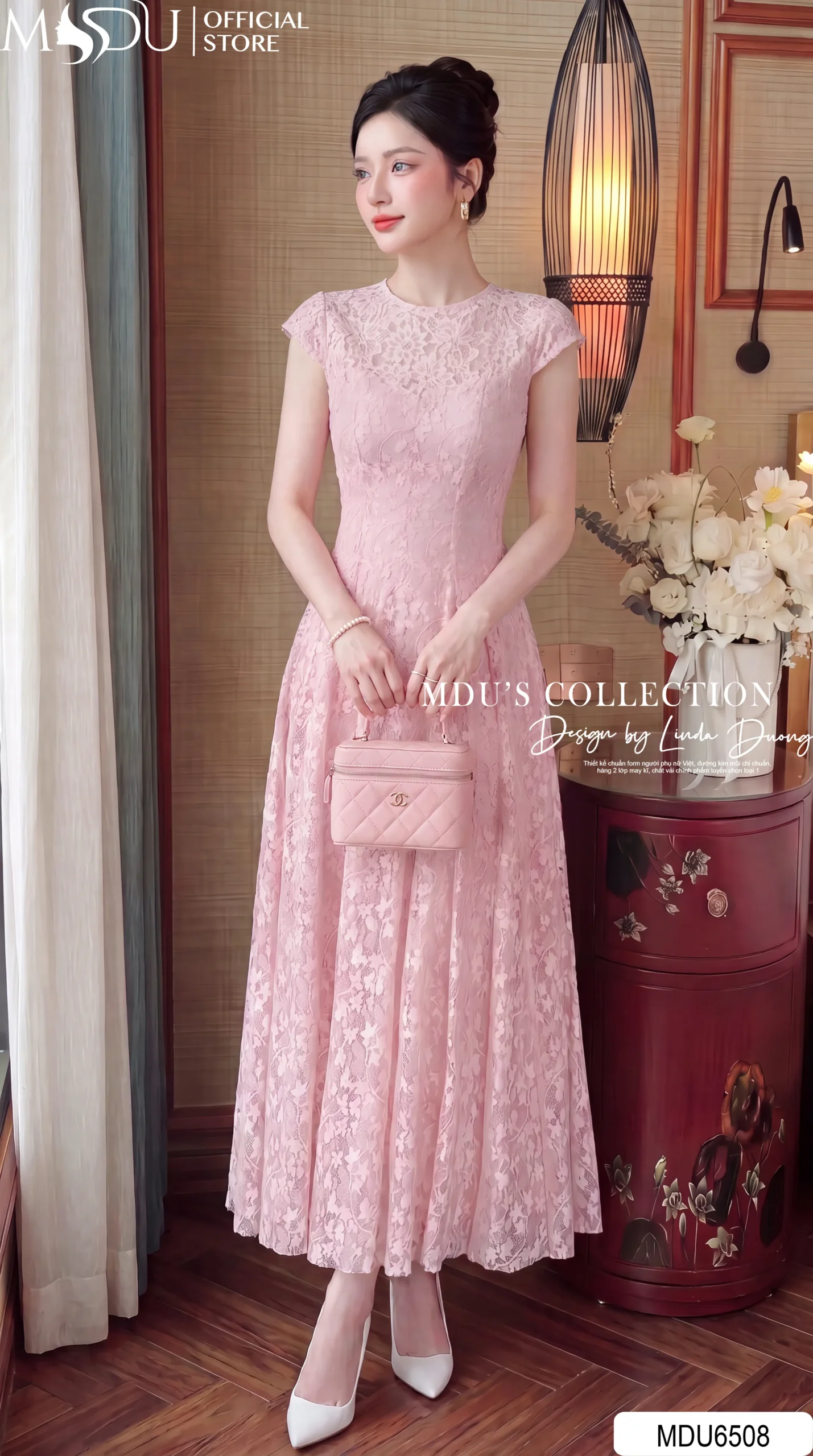 Váy Thiết Kế MDU6508 – Ren Họa Tiết Nổi Hồng Pastel, Tùng Xòe Xếp Ly Bồng Nhẹ