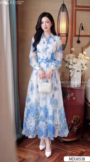 Váy Thiết Kế MDU6538 – Tơ Hàn Trắng Hoa Hồng Xanh Dương, Đai Liền Tôn Eo
