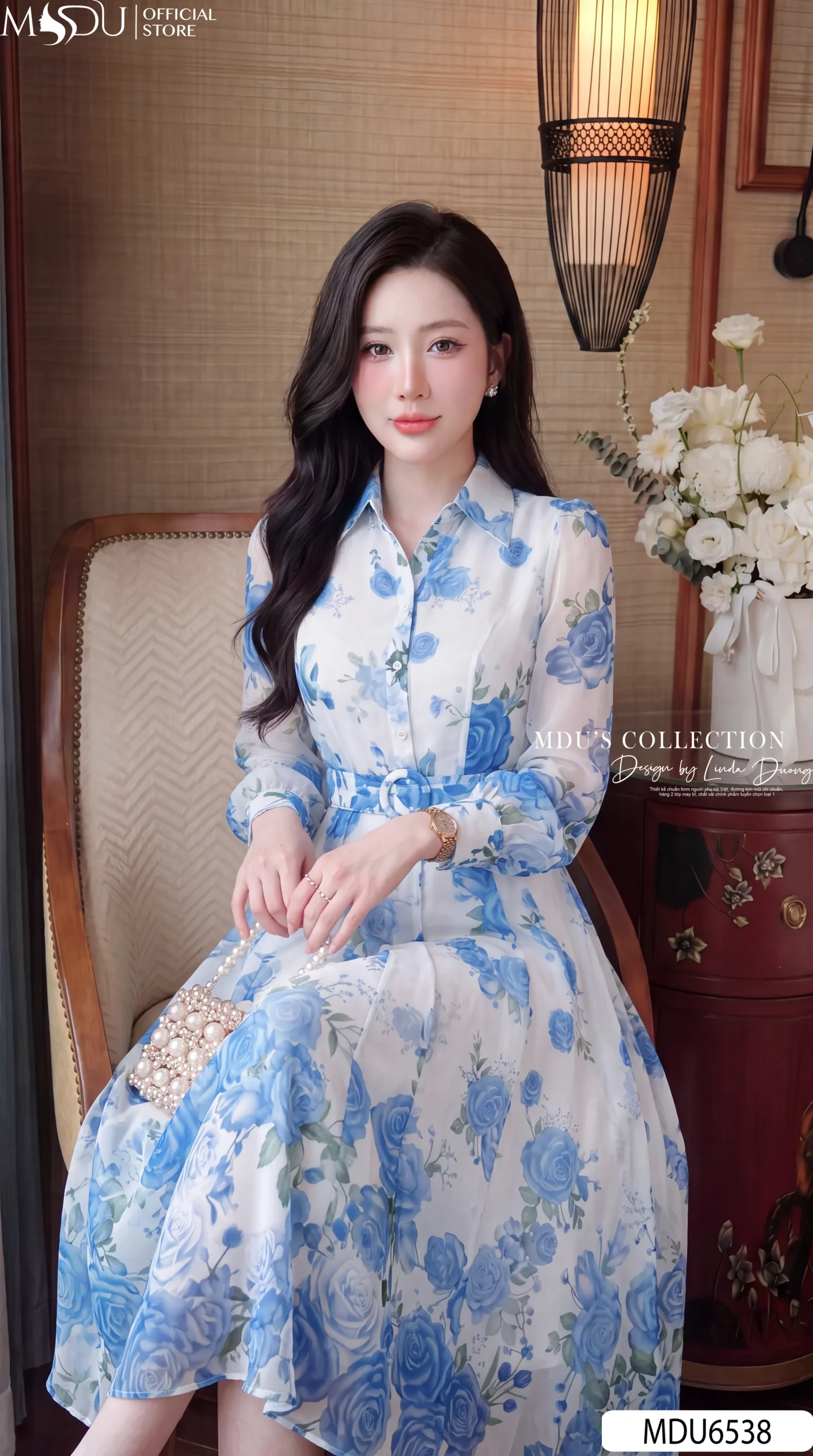 Váy Thiết Kế MDU6538 – Tơ Hàn Trắng Hoa Hồng Xanh Dương, Đai Liền Tôn Eo 7 Váy Thiết Kế MDU6538 – Tơ Hàn Trắng Hoa Hồng Xanh Dương, Đai Liền Tôn Eo - Ảnh 5