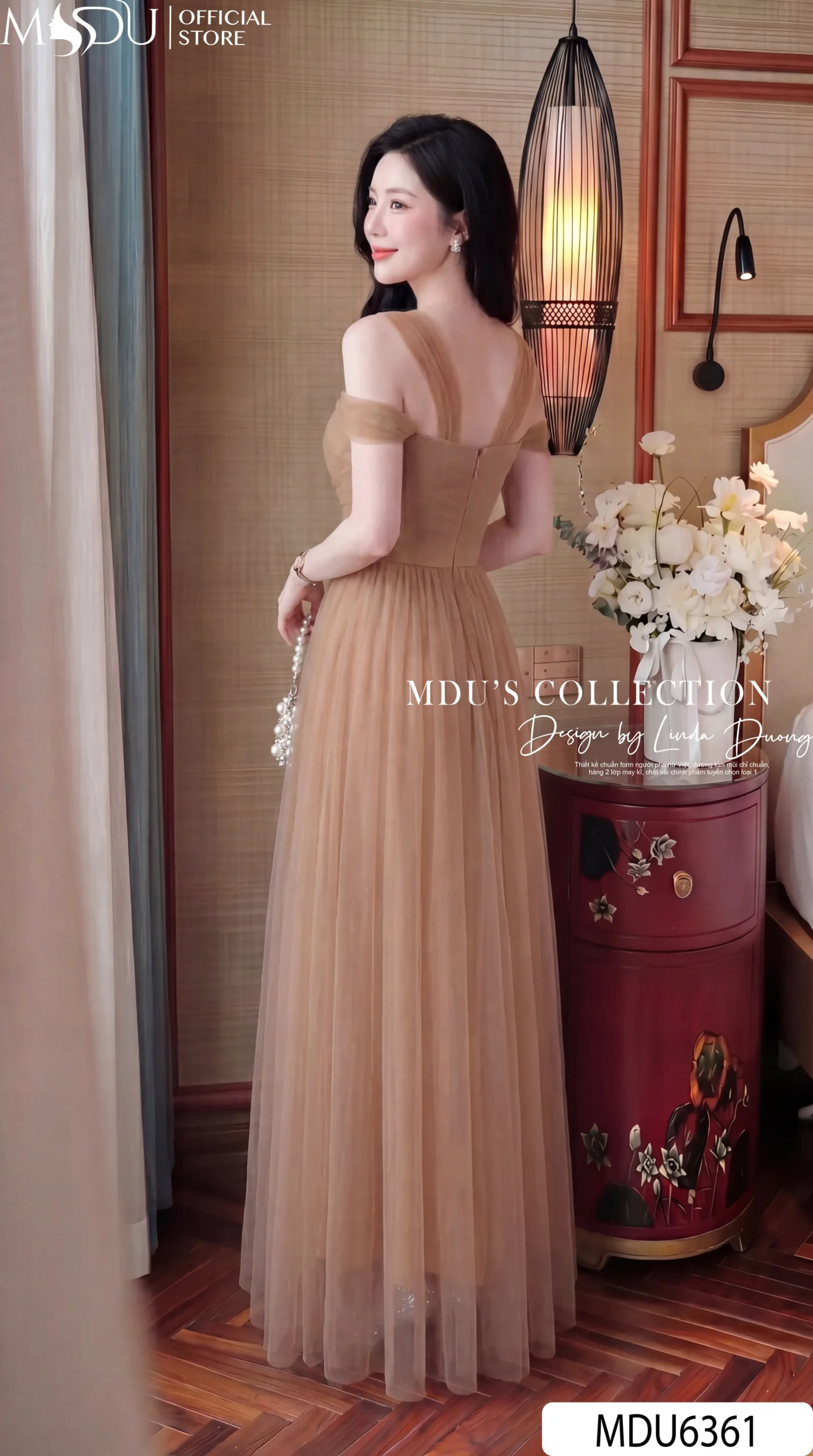 Váy Thiết Kế MDU6361 Voan Tơ Nâu Dáng Xòe Sang Trọng Phối Cổ Chéo Trễ Vai Đính Dây Đá 5 Váy Thiết Kế MDU6361 Voan Tơ Nâu Dáng Xòe Sang Trọng Phối Cổ Chéo Trễ Vai Đính Dây Đá - Ảnh 3