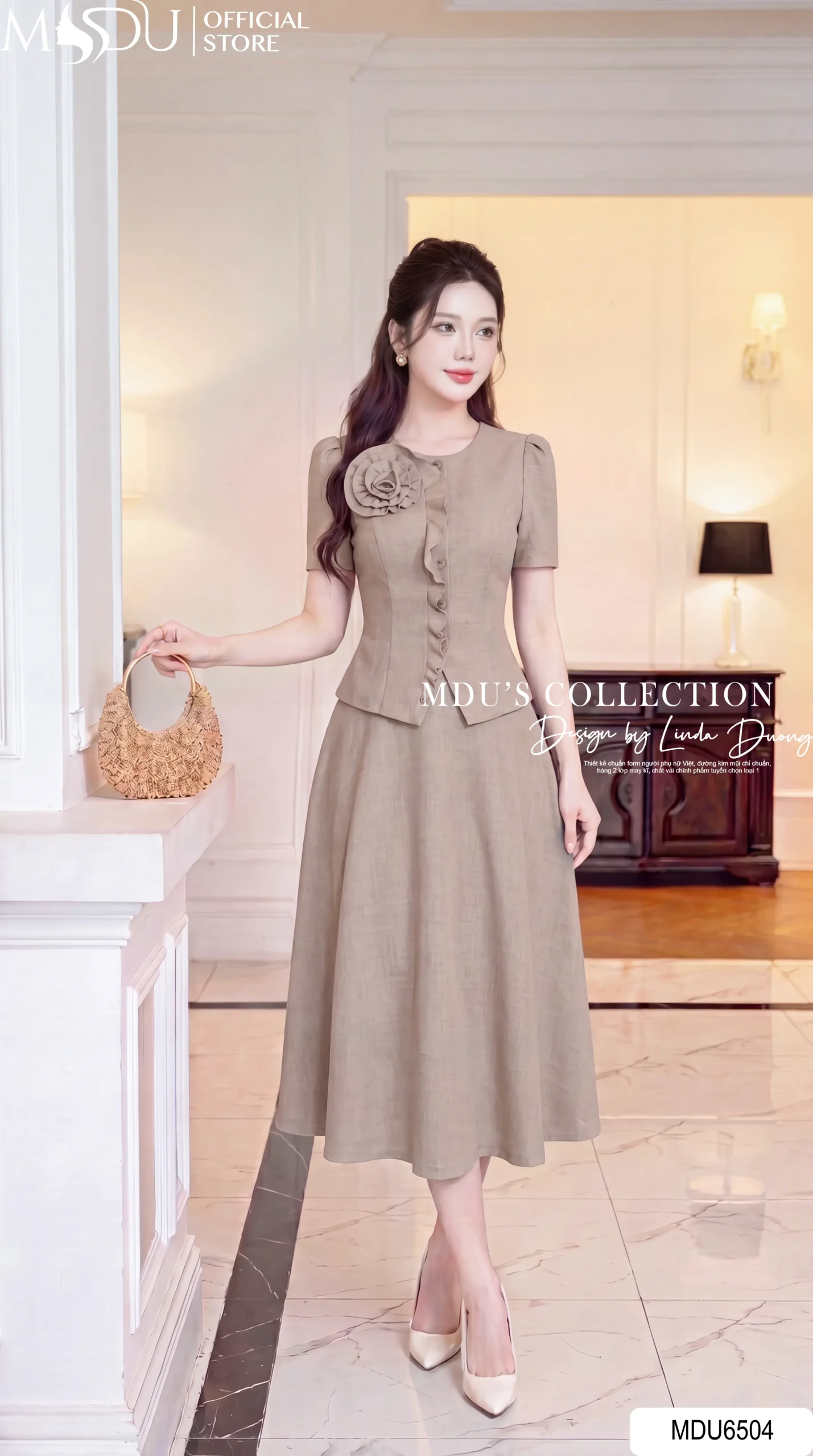 Set Thiết Kế MDU6504 – Xước Thái Nâu Nude, Áo Peplum Phối Hoa Cuốn Thủ Công 31 Set Thiết Kế MDU6504 – Xước Thái Nâu Nude, Áo Peplum Phối Hoa Cuốn Thủ Công