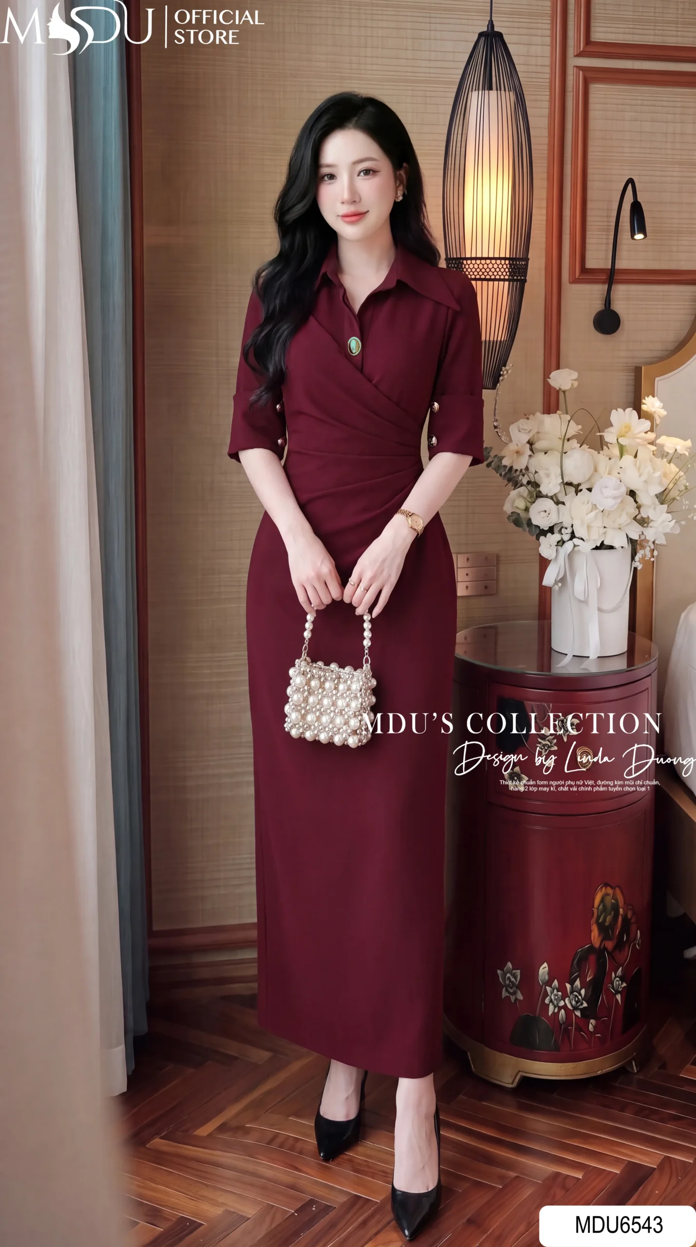 Váy Thiết Kế MDU6543 – Gold Nhật Đỏ Đô, Dáng Ôm Dài Xếp Chéo Tôn Eo 3 Váy Thiết Kế MDU6543 – Gold Nhật Đỏ Đô, Dáng Ôm Dài Xếp Chéo Tôn Eo