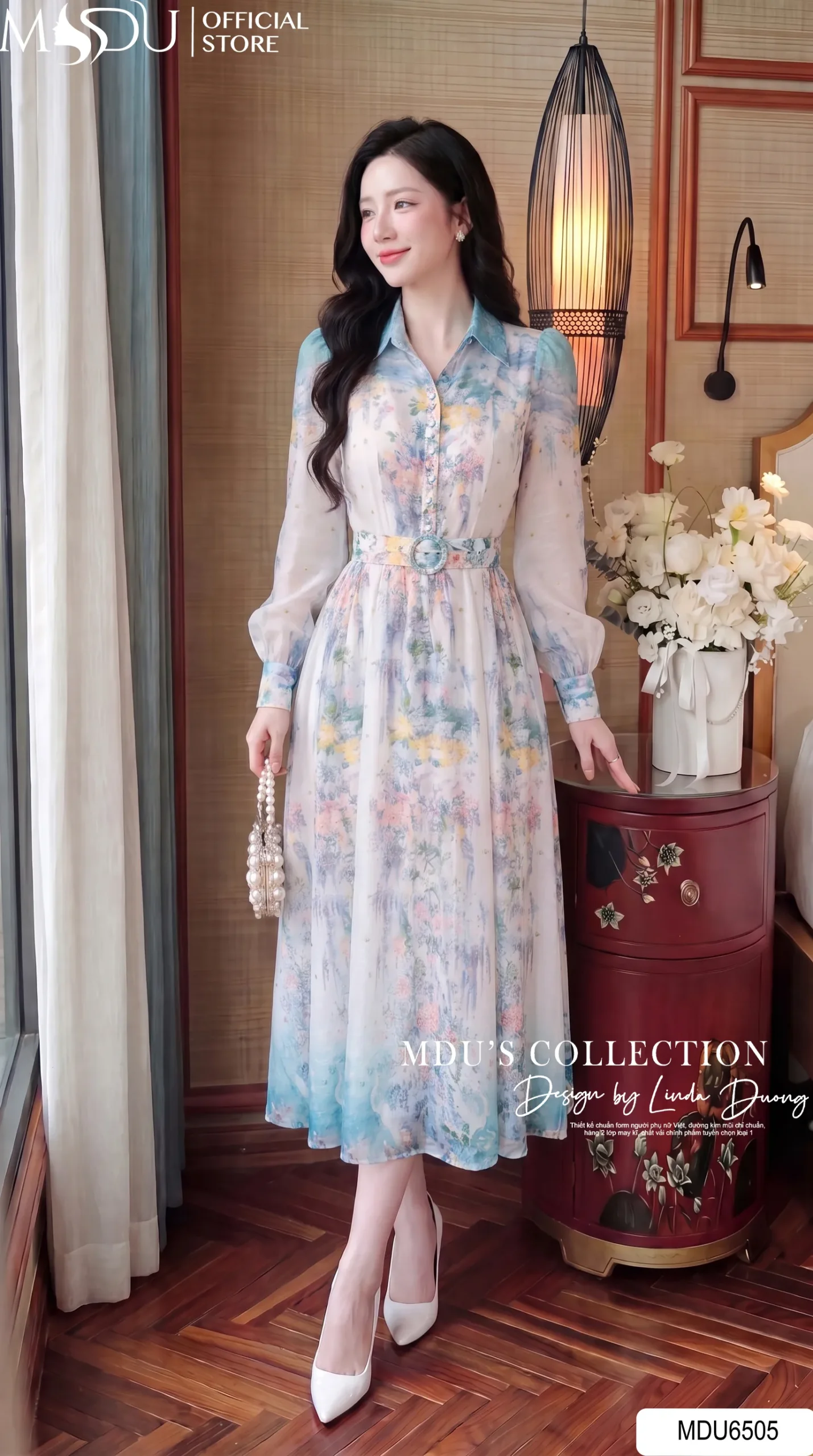 Váy Thiết Kế MDU6505 – Tơ Óng Hàn Hoa Loang Xanh Pastel Blue, Đai Liền Tôn Eo 29 Váy Thiết Kế MDU6505 – Tơ Óng Hàn Hoa Loang Xanh Pastel Blue, Đai Liền Tôn Eo