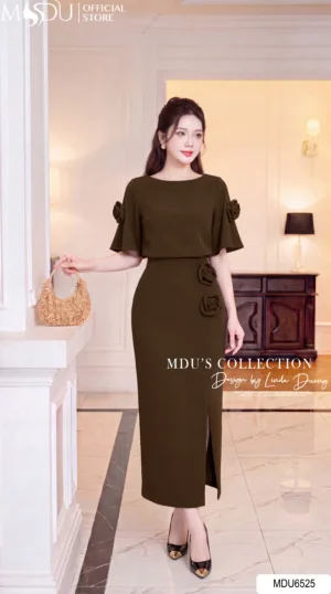 Set Thiết Kế MDU6525 – Lụa Ngọc Trai Nâu Socola, Phối Hoa 3D Cuốn Thủ Công