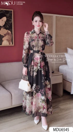 Váy Thiết Kế MDU6545 – Tơ Hàn Hoa Lớn Nền Đen, Đai Liền Tôn Eo Sang Trọng