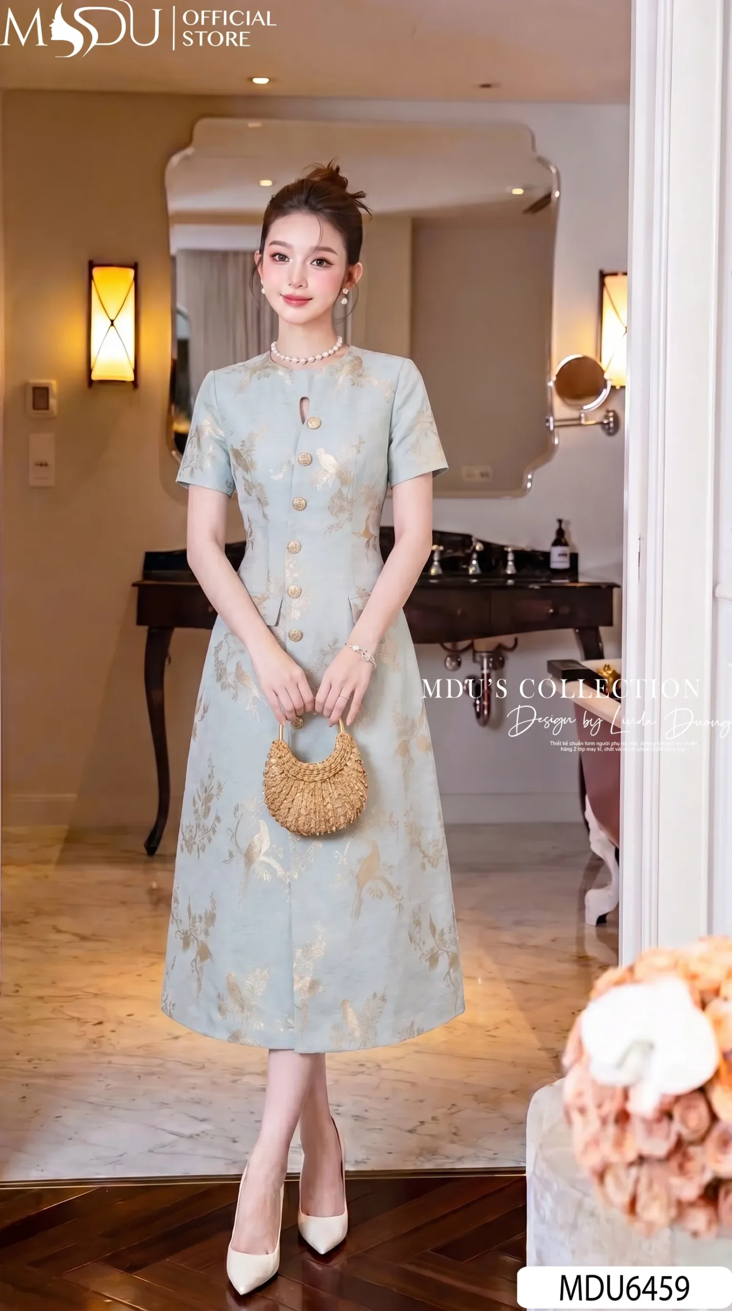 Váy Thiết Kế MDU6459 – Gấm Luxury Xanh Ngọc, Họa Tiết Ánh Kim Dệt Jacquard Sang Trọng 3 Váy Thiết Kế MDU6459 – Gấm Luxury Xanh Ngọc, Họa Tiết Ánh Kim Dệt Jacquard Sang Trọng