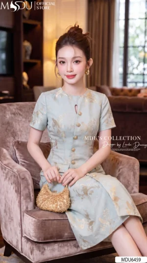 Alternative view of Váy Thiết Kế MDU6459 – Gấm Luxury Xanh Ngọc, Họa Tiết Ánh Kim Dệt Jacquard Sang Trọng