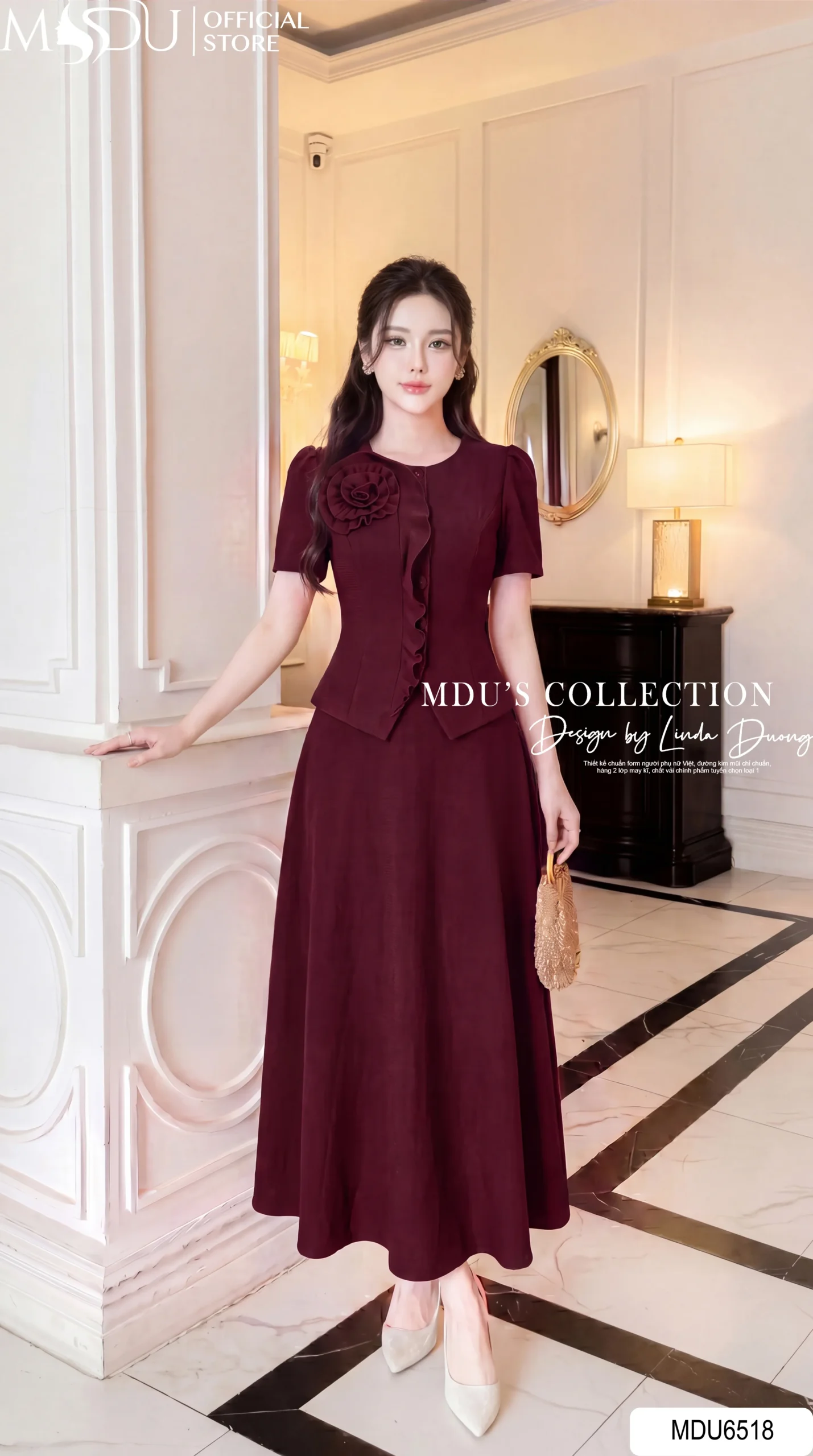 Set Thiết Kế MDU6518 – Chéo Nhật Đỏ Rượu Vang, Áo Peplum Phối Hoa Thủ Công 3 Set Thiết Kế MDU6518 – Chéo Nhật Đỏ Rượu Vang, Áo Peplum Phối Hoa Thủ Công