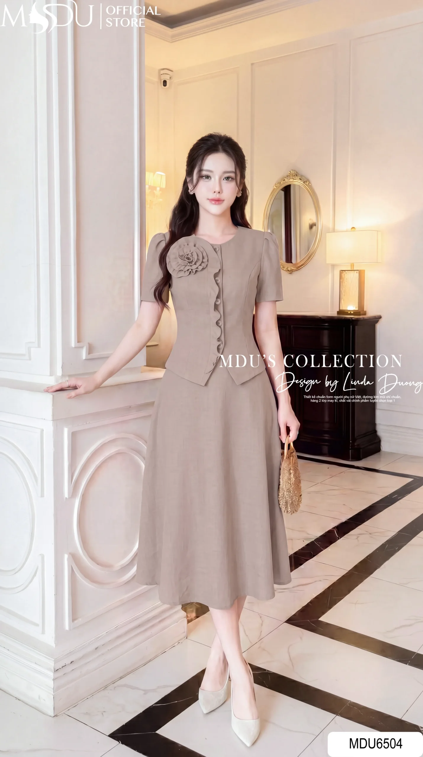 Set Thiết Kế MDU6504 – Xước Thái Nâu Nude, Áo Peplum Phối Hoa Cuốn Thủ Công
