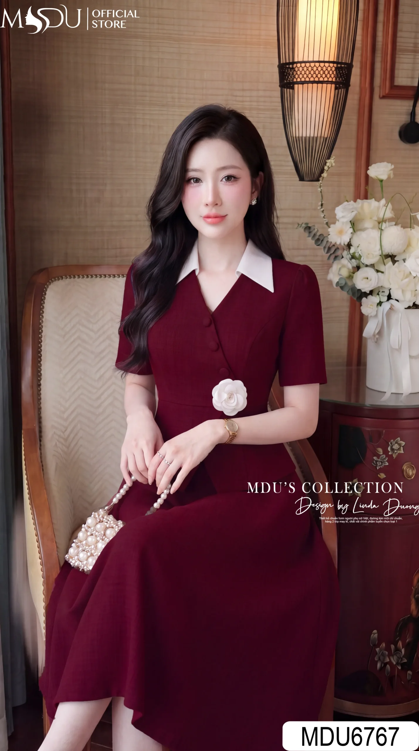 Váy Thiết Kế MDU6767 – Xước Thái Đỏ Rượu Vang, Cổ Sơ Mi Trắng Phối Hoa Cài Eo 6 Váy Thiết Kế MDU6767 – Xước Thái Đỏ Rượu Vang, Cổ Sơ Mi Trắng Phối Hoa Cài Eo - Ảnh 4