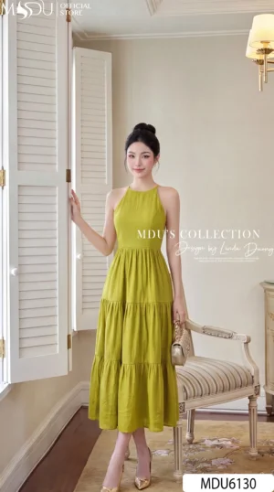Váy Dáng Yếm MDU6130 Tơ Nhăn Nhật Xanh Cốm Dáng Tầng Xòe Nhẹ Nữ Tính