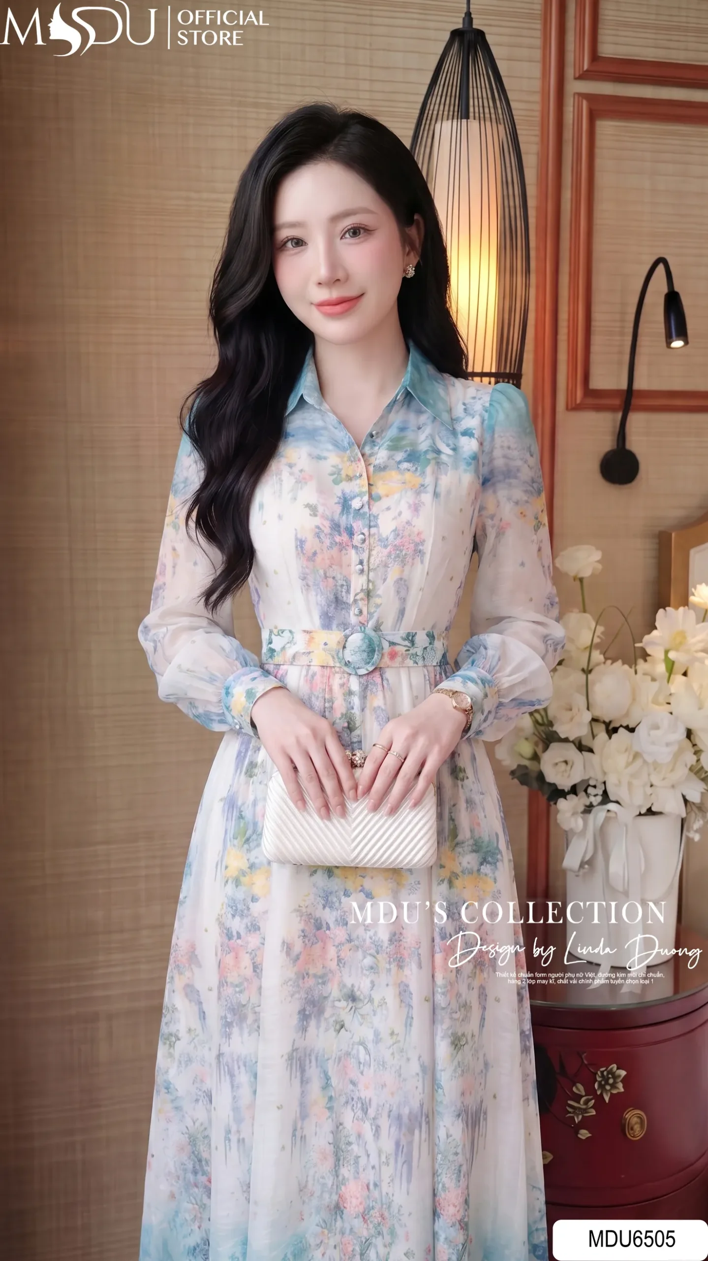 Váy Thiết Kế MDU6505 – Tơ Óng Hàn Hoa Loang Xanh Pastel Blue, Đai Liền Tôn Eo 6 Váy Thiết Kế MDU6505 – Tơ Óng Hàn Hoa Loang Xanh Pastel Blue, Đai Liền Tôn Eo - Ảnh 4